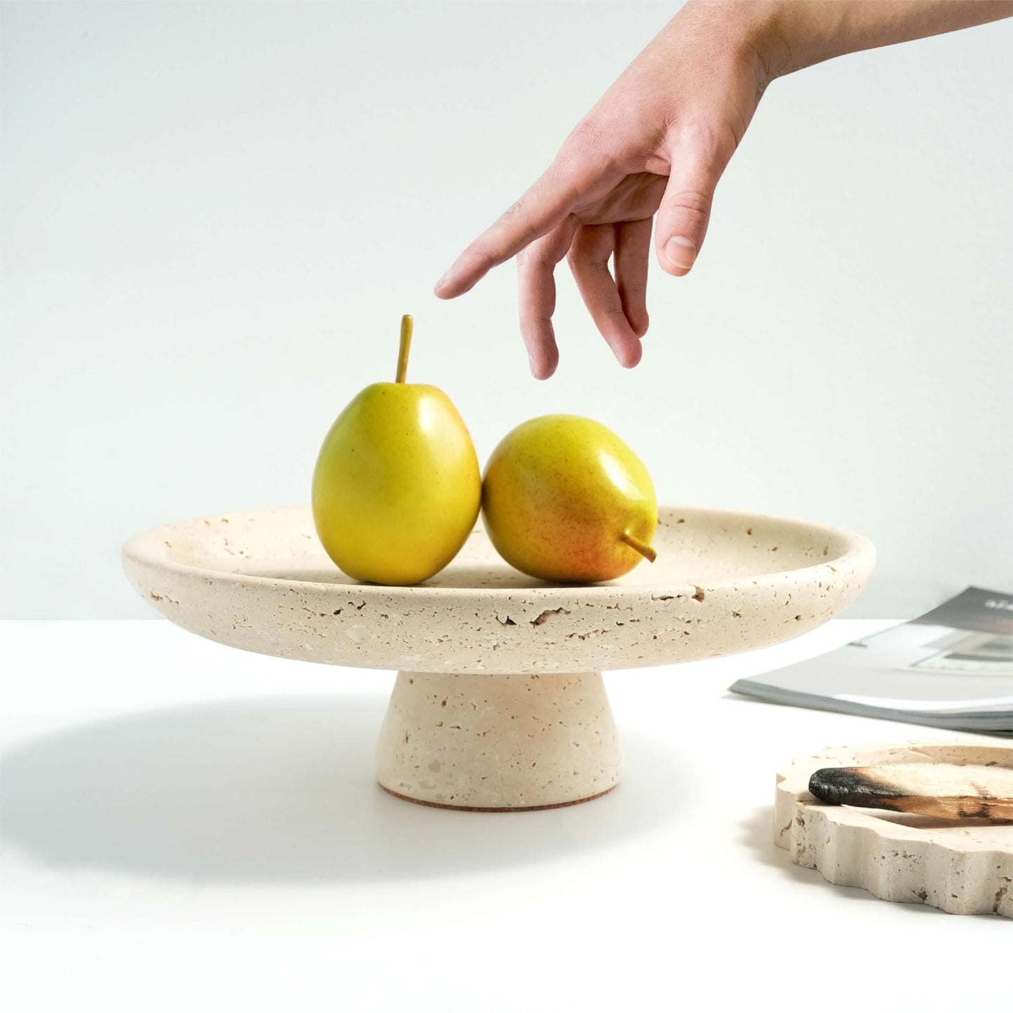 seicasaya 10 Inch Natural Travertine Fruit Bowl, Pedestal Stand Decorative Stone Bowl with Matte Finish for Table or Kitchen Countertop (Yellow Cave Stone)