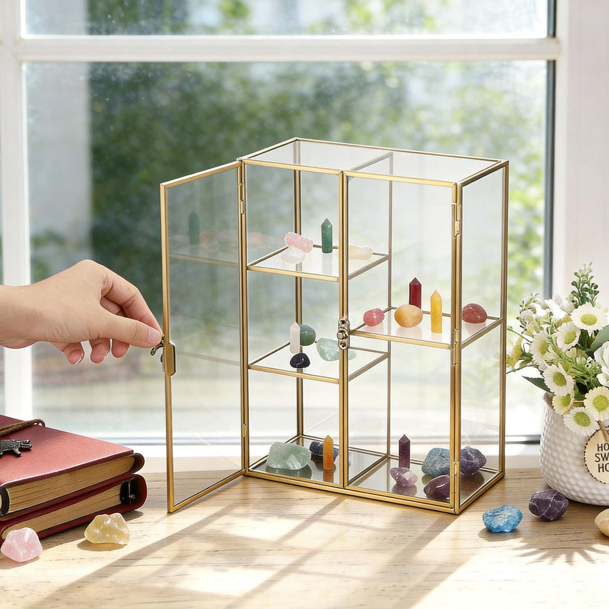 JUXYES 5 Grids Tabletop Brass Glass Rock Display Case with Latch Door - Modern Clear Rocks Collection Display Case Box - Gold Dust Proof Case Small Shelf for Collectible, Mineral Crystal, Rock, Stones