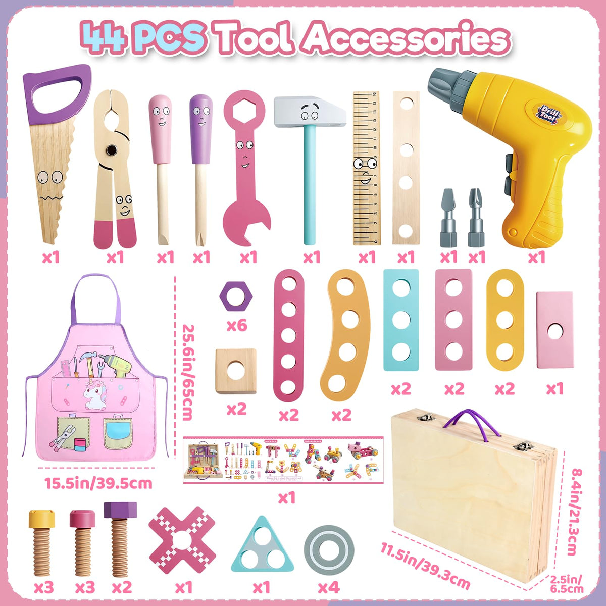 Wooden Kids Tool Set with Drill Montessori Toys for 3 Year Old Girl 44Pcs