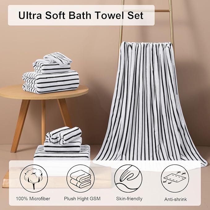 Oliven 8 Pcs Black White Cabana Stripe Large Bath Towel Set Oversize Bath