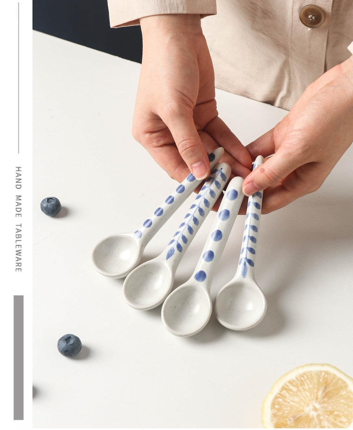 4-Pack - Ceramic blue and white Afternoon Tea, Coffee Whisk, Handmade Spoon,Pointed-head/Round-head handle coffee spoon, tea scoop for loose tea, Size 4.9 * 1.3 in（12.5 * 3.5 cm）