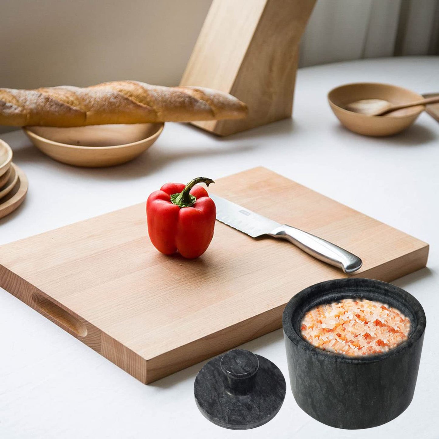 Marble Salt Cellars, Black Salt box With Cover, Salt Holder Storage Container for Counter, Kitchen Salt Container with