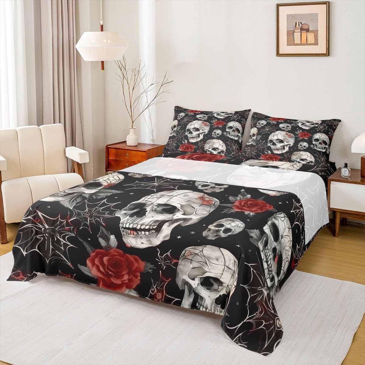jejeloiu Halloween Decor Bed Sheets Set Twin Size Spider Web Deep Pocket Fitted Sheet Gothic Skull Bedding Sets Rose Blossoms Print Soft Bed Set 3Pcs with 1 Pillow Cases