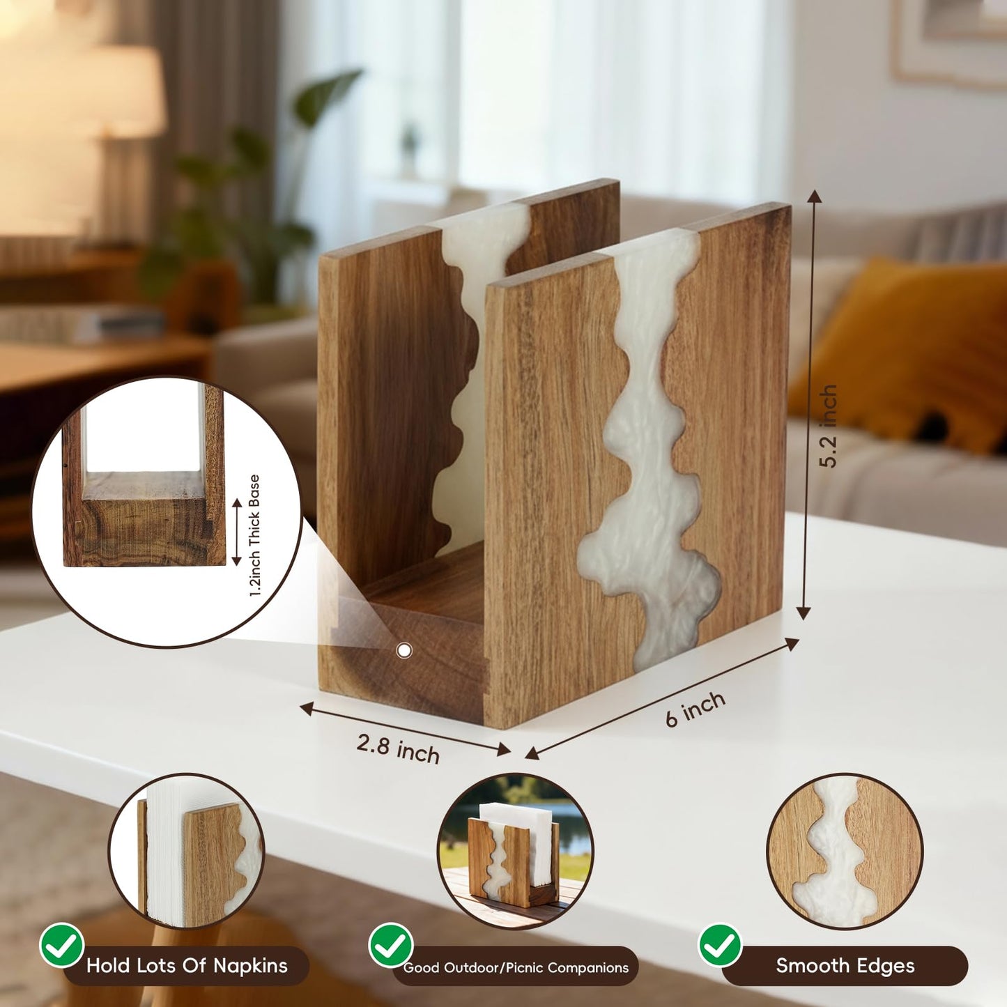 Acacia Wood Napkin Holder for table, Handmade Epoxy Resin Tissue Box Holder with Unique Wave Design & 3CM Sturdy Base for Kitchen Table, Dining Room Decor,counter tops or outdoors