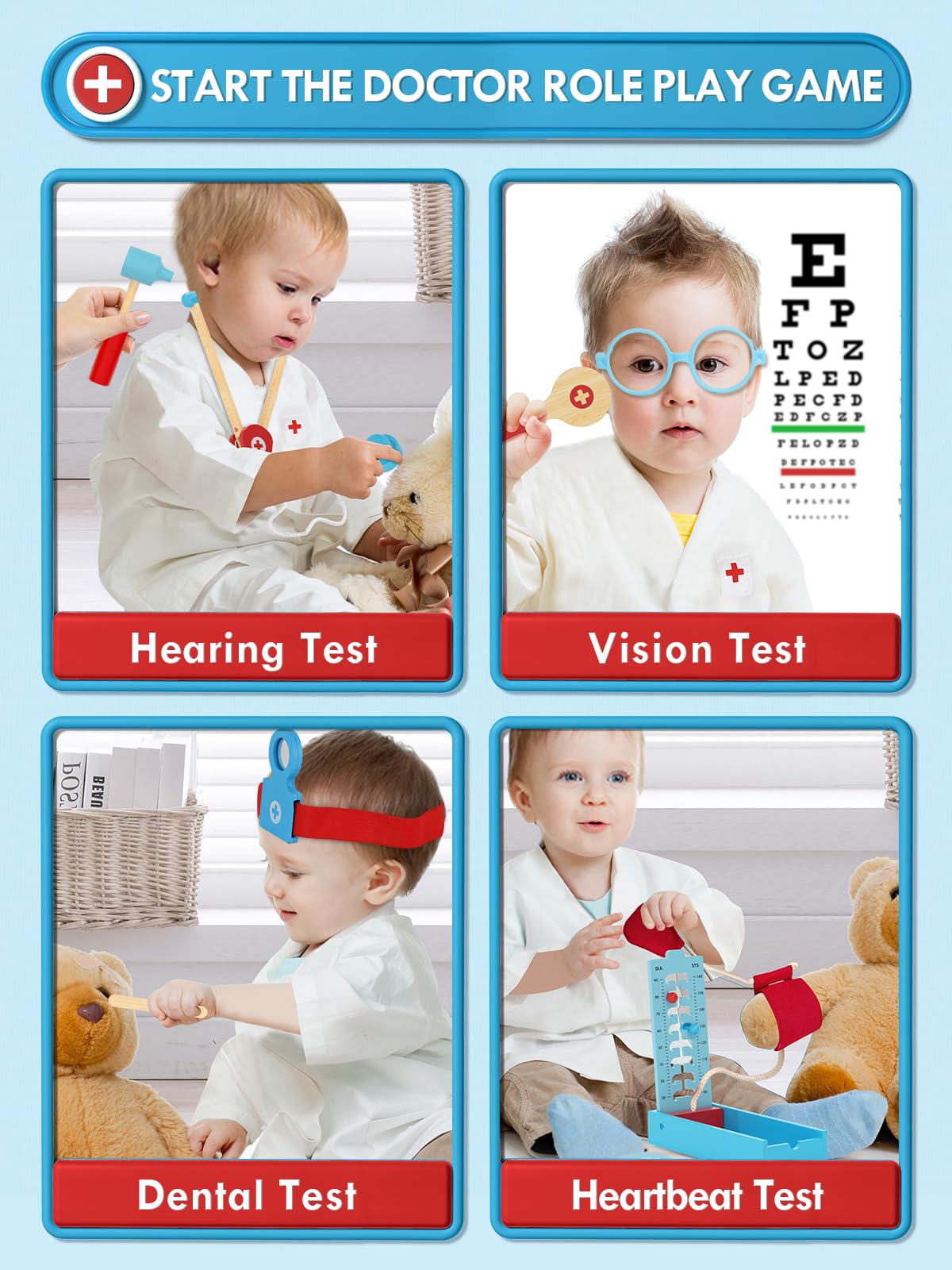 Lehoo Castle Doctors Set for Kids, Toys for 3 Year Old Boys, Wooden Kids Doctors Kit with Doctor Costume, 3 Year Old Boy Toys（Blue）