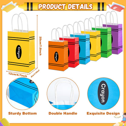 24Pcs Welcome Back to School Crayon Gift Bags for Teacher First Day of School Candy Boxes with Handle Crayon Shaped Goodie Bag for Kindergarten Graduation Birthday Baby Shower Party Supplies