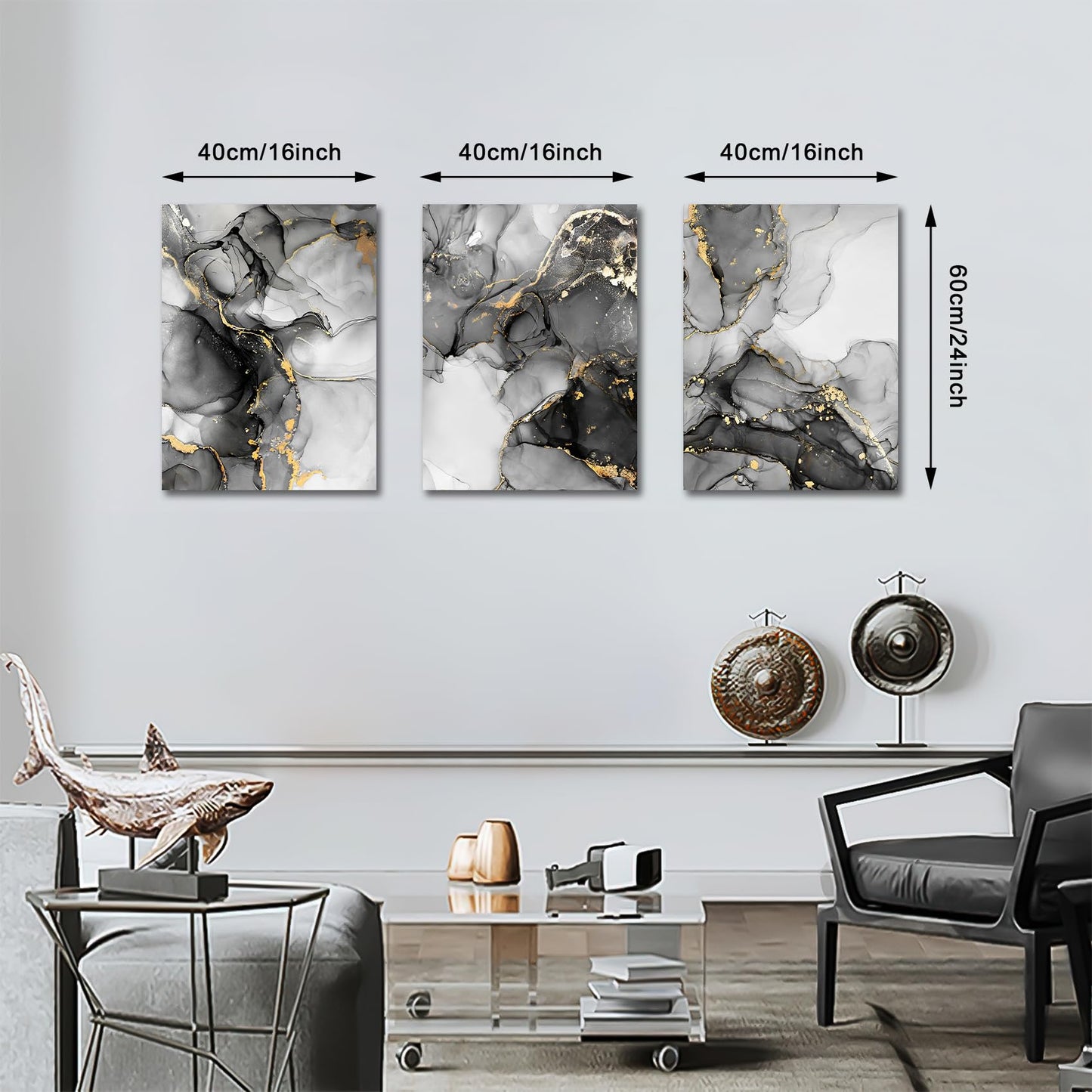 FajerminArt 3 Panels Framed Canvas Wall Art Marble Gray Gold White Pictures Printing Painting Poster Canvas Prints Wall Decor for Bedroom Living Room Bathroom Office Ready to Hang 40x60cmx3Pcs