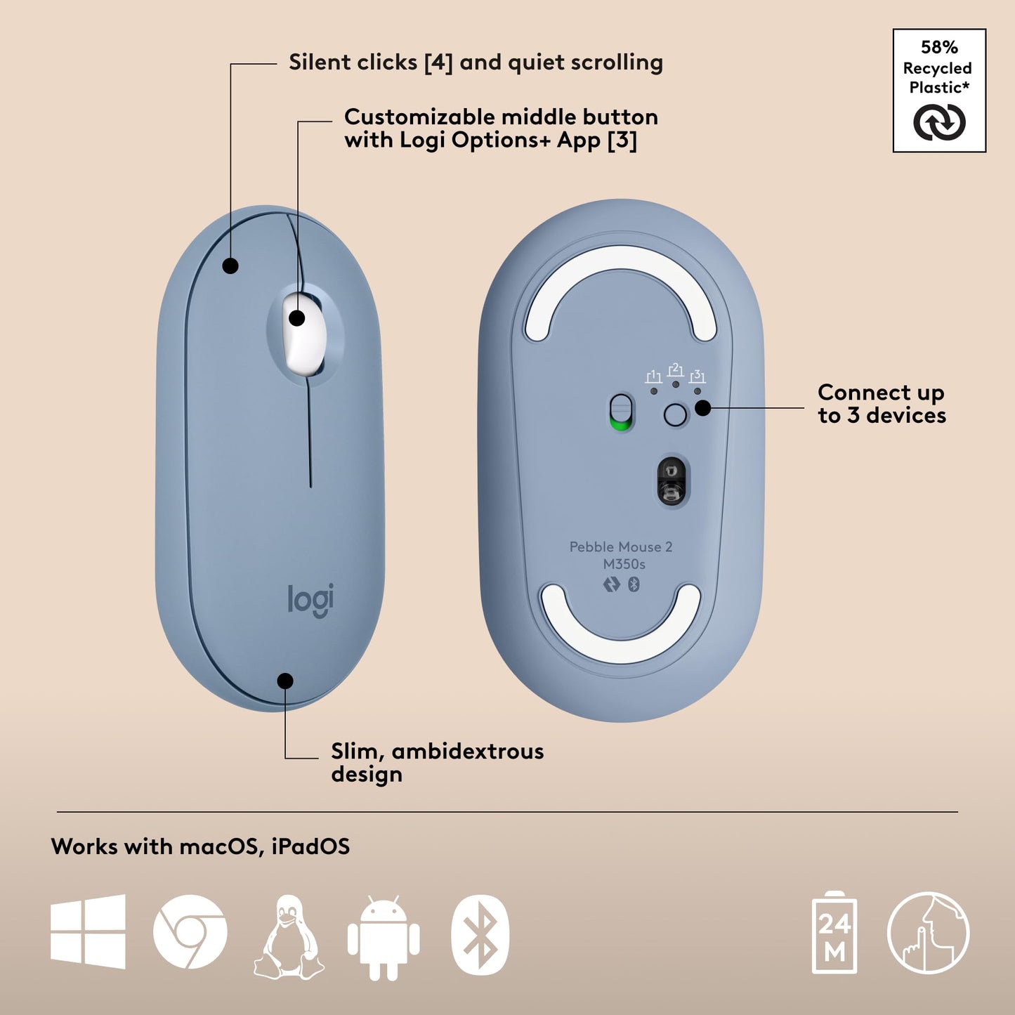 Logitech Pebble Keys 2 K380s, Multi-Device Bluetooth Wireless Keyboard with Customizable Shortcuts, Slim and Portable, Easy-Switch for Windows, macOS, iPadOS, Android, Chrome OS - Tonal Graphite