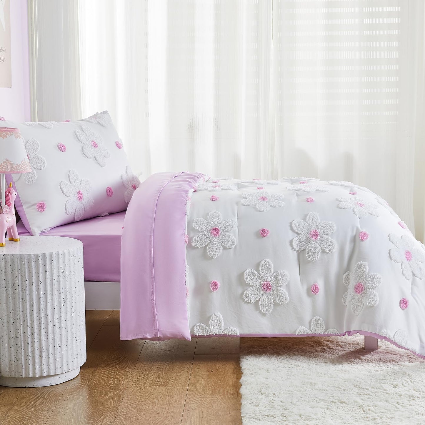 Toddler Bedding Set for Girls 4-Piece Purple Boho Tufted Daisy Flowers Toddler Bed Comforter Set Bed-in-a-Bag Toddler Sheets Bedroom Set with Toddler Comforter, Flat Sheet, Fitted Sheet, Pillowcase