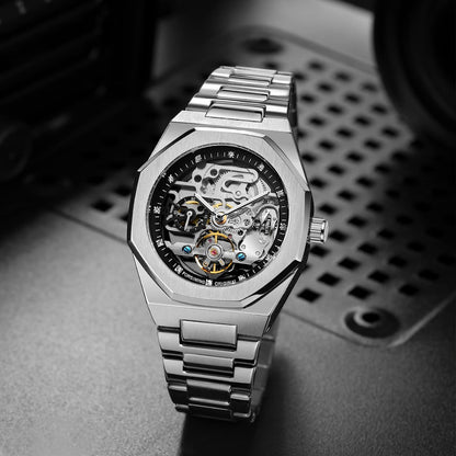 FANMIS Mens Skeleton Watches Luxury Automatic Watch with Stainless Steel Bracelet Wrist Watch (Silver Black)