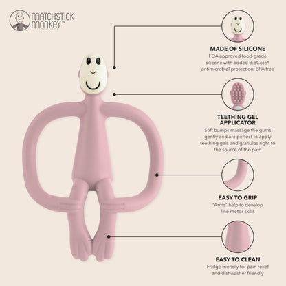Matchstick Monkey, Original Teether & Gel Applicator, Antimicrobial Silicone Teething Toys for Baby, Easy to Grip, BPA Free, 3 Months Old+, 10.5 cm, Dusty Pink Monkey