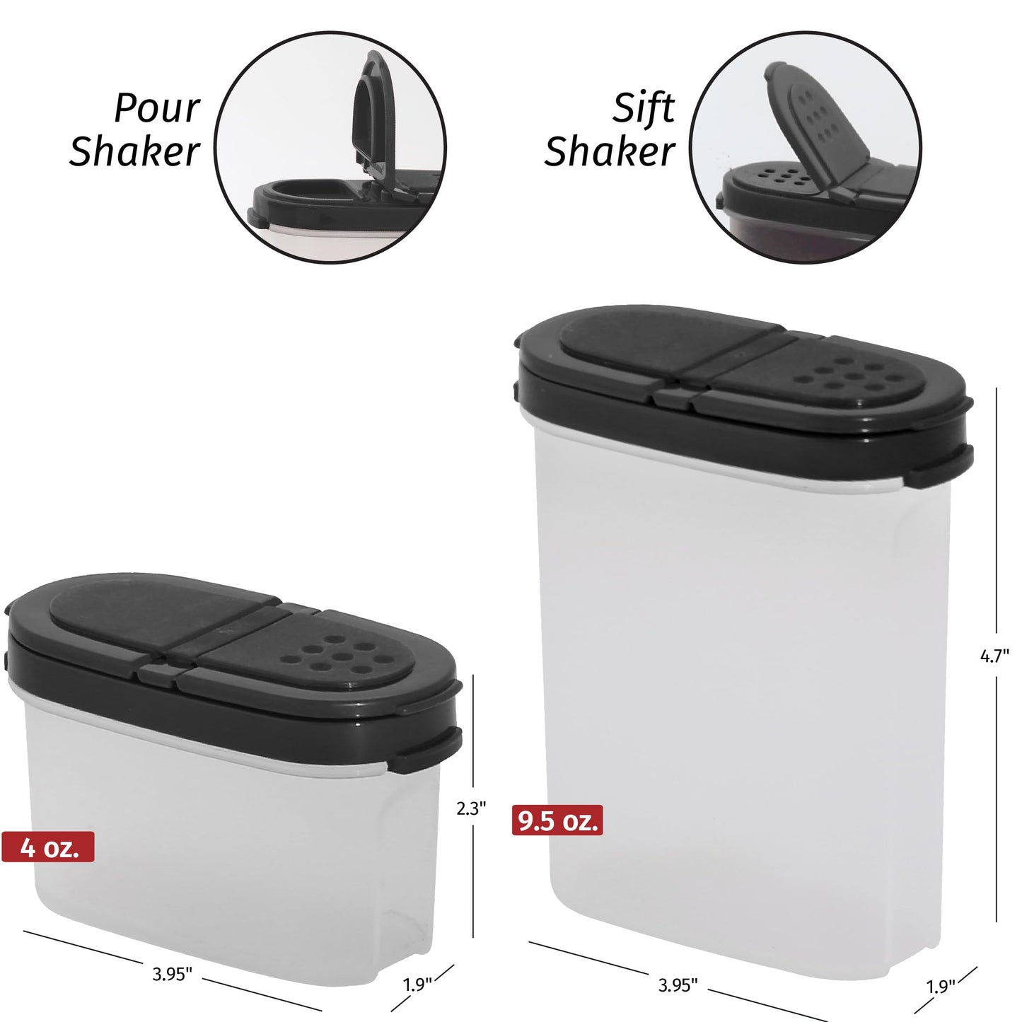 SIGNORA WARE Plastic Spice Containers – Spice Jar Set 8 Pack, 4 Mini, 4 Large – Spice Jars to Store Spices, Herbs, Marinade, Sugar, Salt, Pepper – Refillable Airtight Small Spice Jars with 2 Way Lids