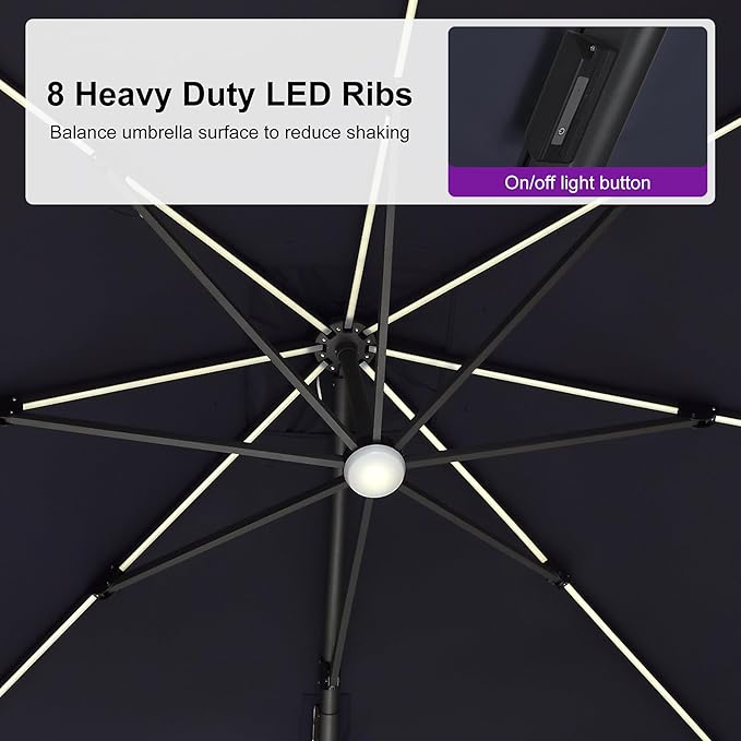 PURPLE LEAF 10 Feet Patio Umbrella with Base Outdoor Patio Solar Powered LED Swivel Square Umbrella Aluminum Offset Umbrella with 360-degree Rotation for Garden Deck Pool Patio, Navy Blue