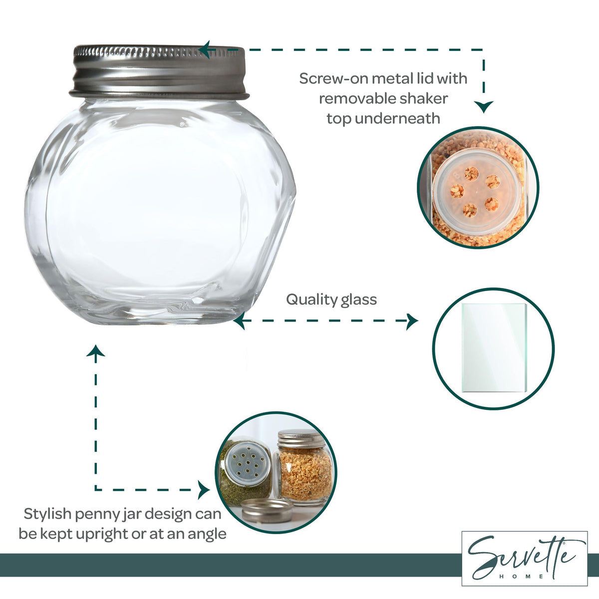 3.4 Ounce Glass Penny Spice Jar with Metal Screw Lid and Removable Shaker Top (Set of 3)