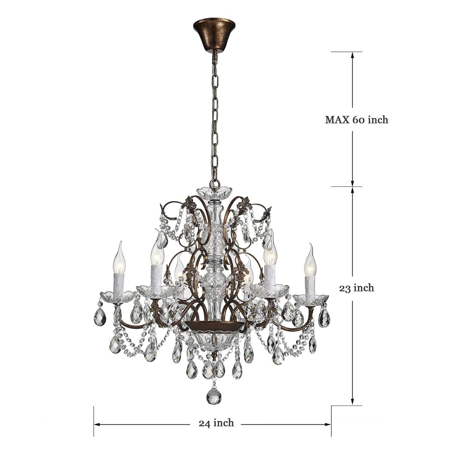 Saint Mossi 6-Light Crystal Chandelier - Farmhouse Rustic Pendant Light Fixture for Bedroom, Dining Room, Living Room - H23 x W24, Chain Adjustable