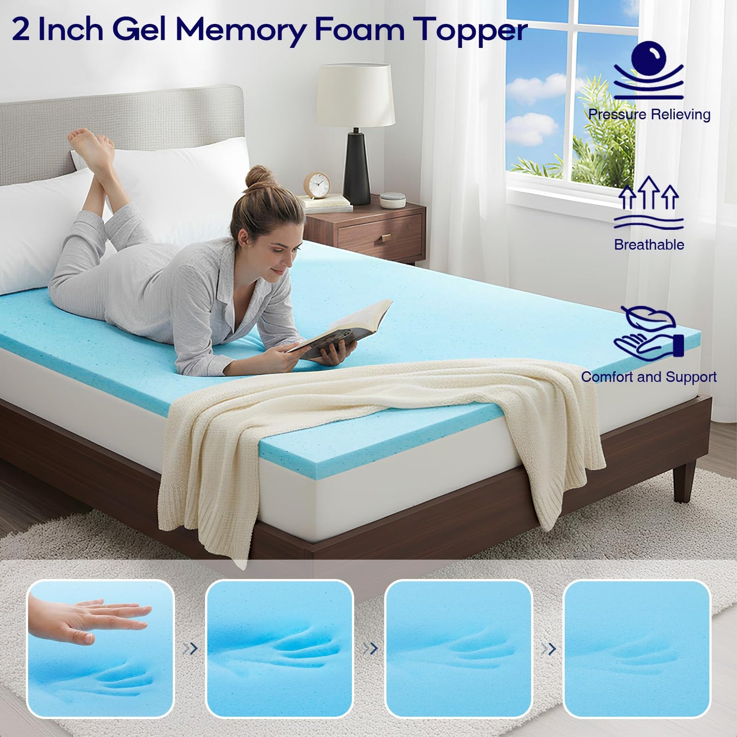 OLANLY Dual-Layer 4 Inch Queen Mattress Topper for Back Pain, 2 Inch Gel Memory Foam Support Base and 2 Inch Cooling Pillow Top Mattress Pad Cover, Plush Pressure Relief, Deep Pocket, Grey