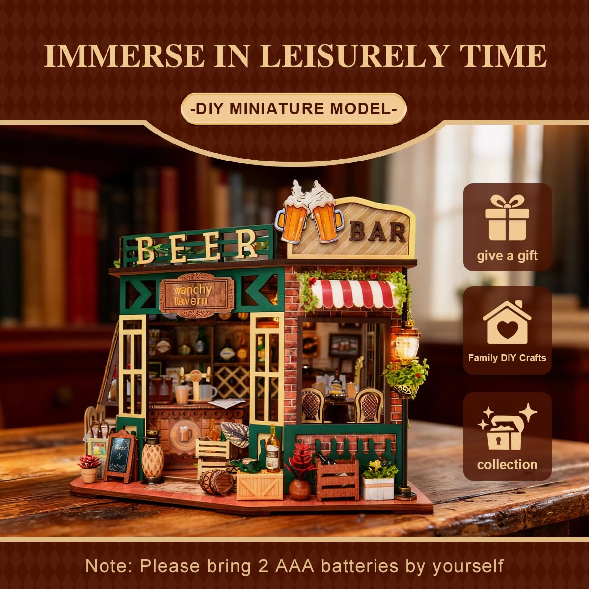 DIY Wooden Miniature House & Book Nook Kits, Bistro Modern Styles Doll House with LED Lights, Furniture, Beginner-Friendly for Adults & Teens, for Lovers, Buddies, Family & Book Lovers