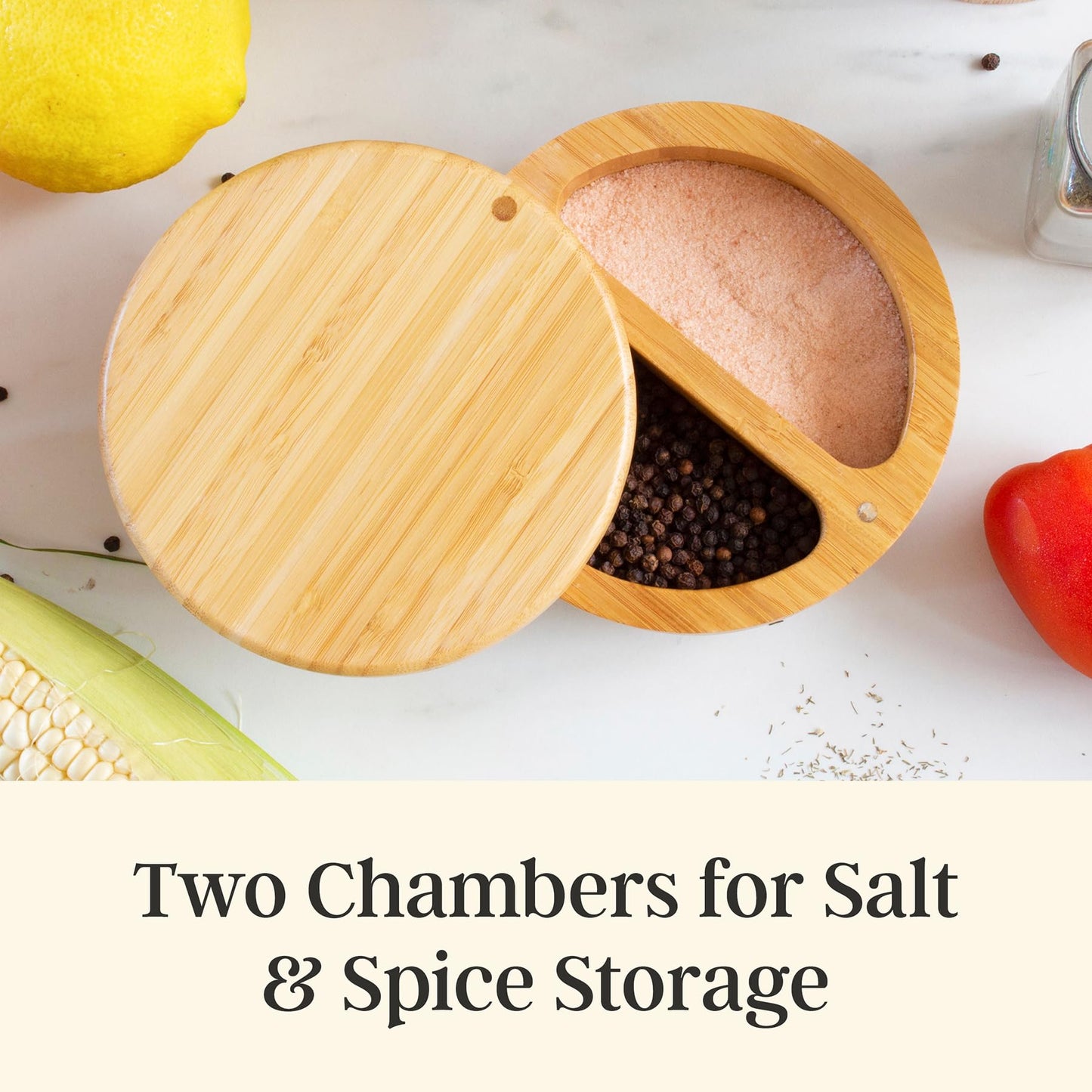 Totally Bamboo Salt Keeper Duet, Salt and Pepper Container with Dual Compartments, Bamboo Spice Cellar with Magnetic Swivel Lid, Countertop Bowls for Seasonings