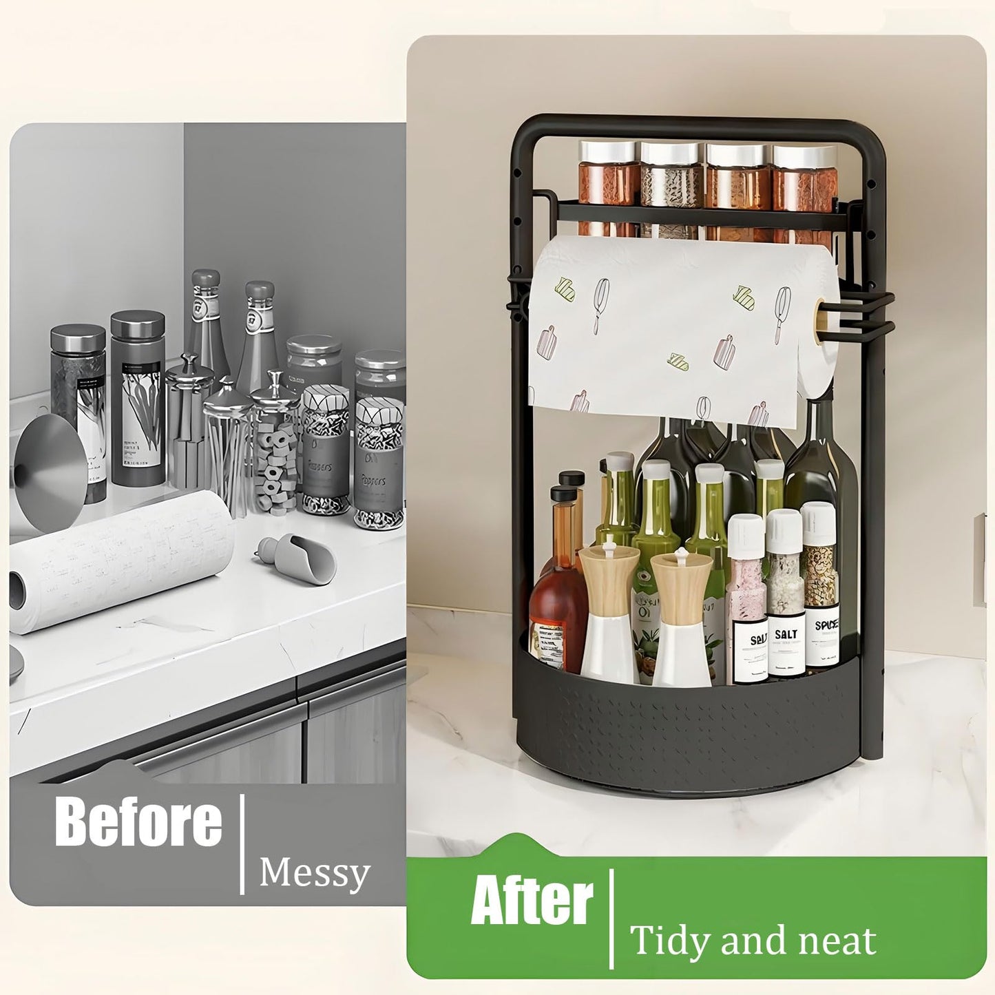 JEESA Rotating Spice Rack with Paper Towel Holder, Black