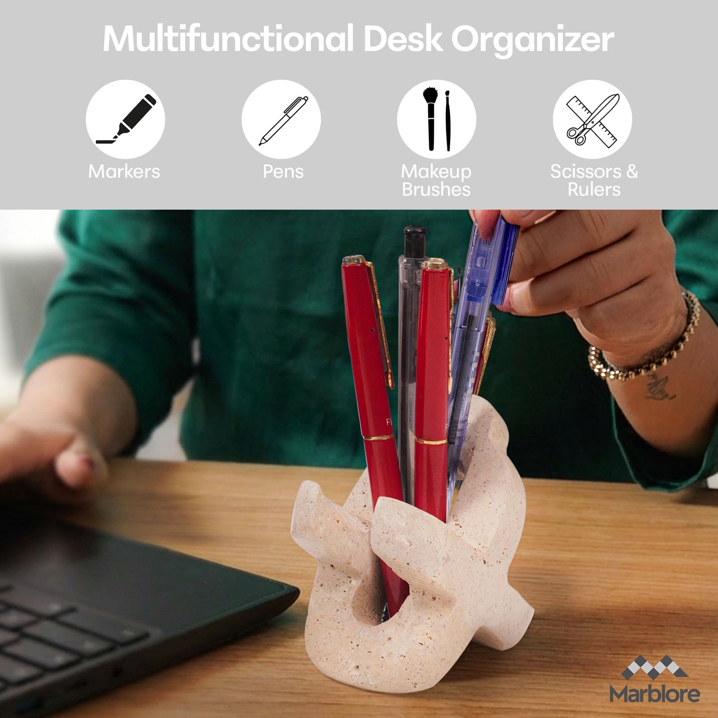 Marble Cell Phone Stand Holder in Travertine, 4'' Key & Sunglass Organizer, Pen & Pencil Stand for Office Stationery Home Office and Desk Stand Decor