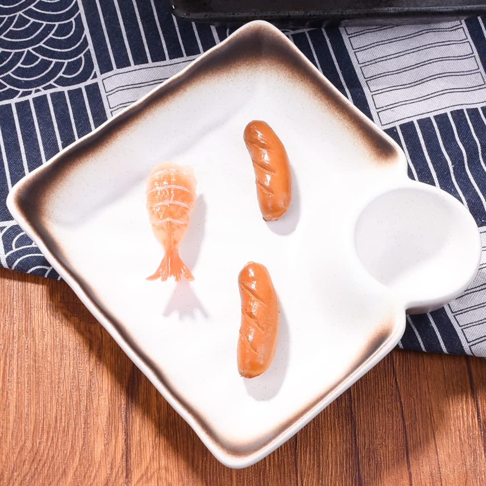 LMRLCS Ceramic Dumpling Plates Set of 2-7.4 Inch Divided Serving Trays with Sauce Compartment - Japanese Style Sushi Plates for Appetizers & Side Dishes, Microwave & Dishwasher Safe, Black & White