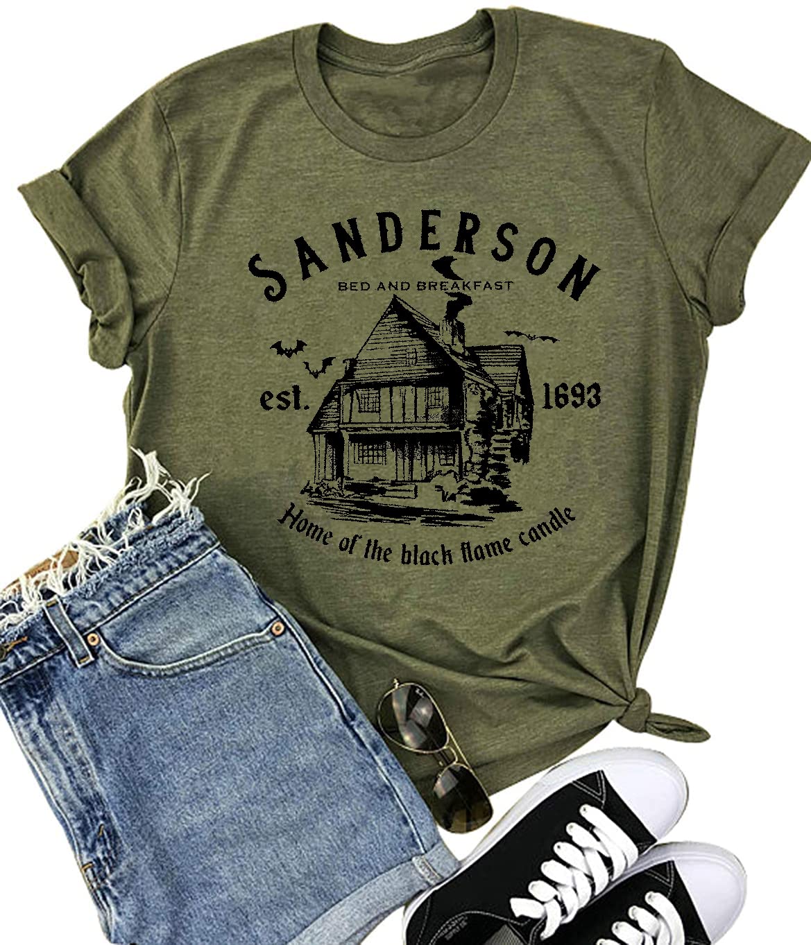 Sanderson Sisters Bed and Breakfast Home of The Black Flame Candle Hocus Pocus Tshirt Halloween Shirts for Women (XL, Green5)