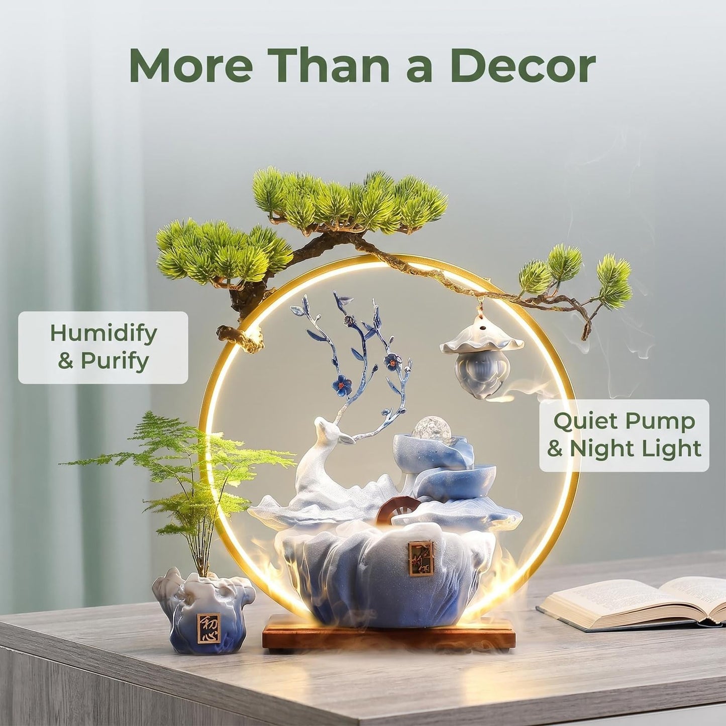 CIFUPUQU Tabletop Water Fountain, 17.3”Tall Deer Statue Waterfall Fountain with Incense Holder, LED Light & Adjustable Pump, Zen Relaxation Desk Fountains for Office,Living Room or Bedroom