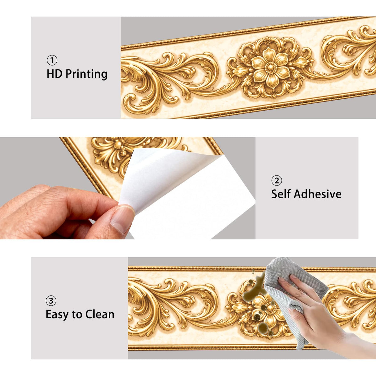 Nuxovilar Wallpaper Border Peel and Stick 3.94x16.4Ft PVC Removable Self-Adhesive Bathroom Kitchen Living Room (Gold Baroque Floral Scroll Pattern)