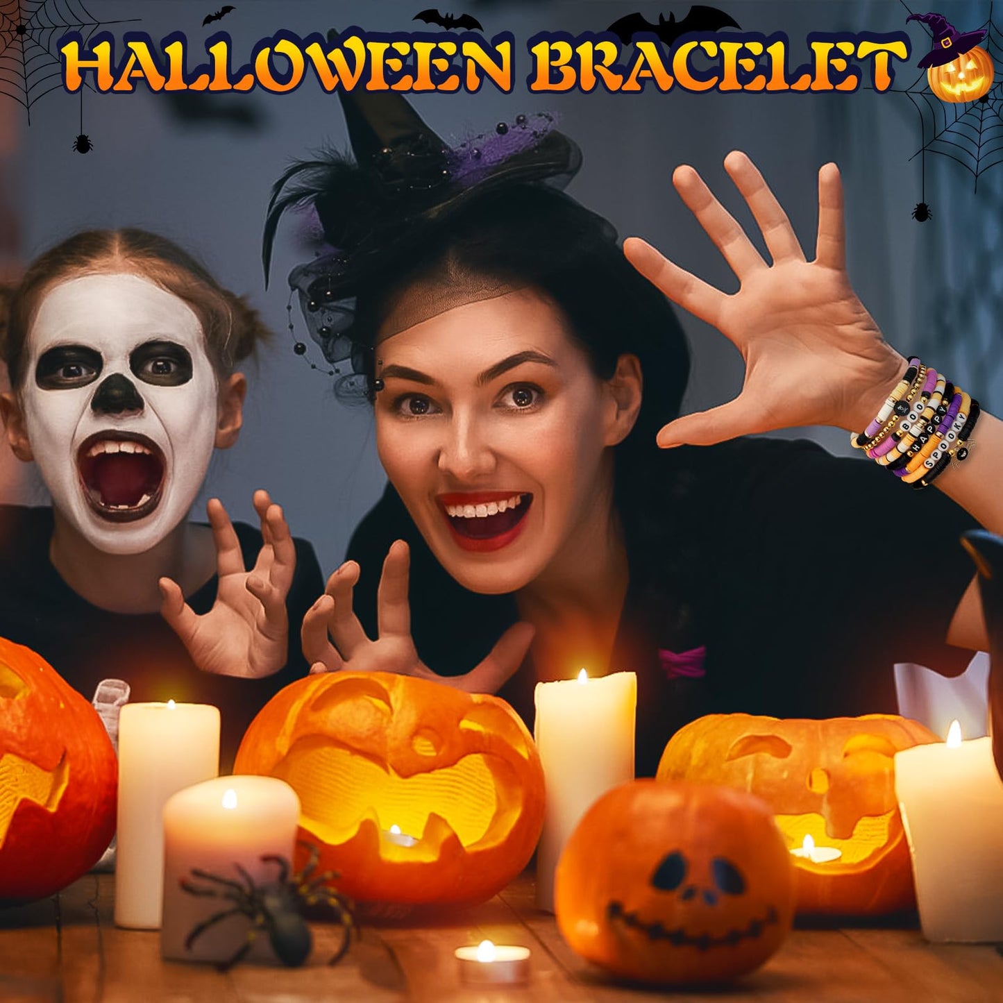 LUYI 48 Pcs Halloween Bracelets for Women Friendship Bracelets Set Colorful Bats Witches Spiders Pumpkins Skulls Beaded Stackable Stretch Clay Bracelets Bulk for Party Jewelry Supplies Holiday Gift