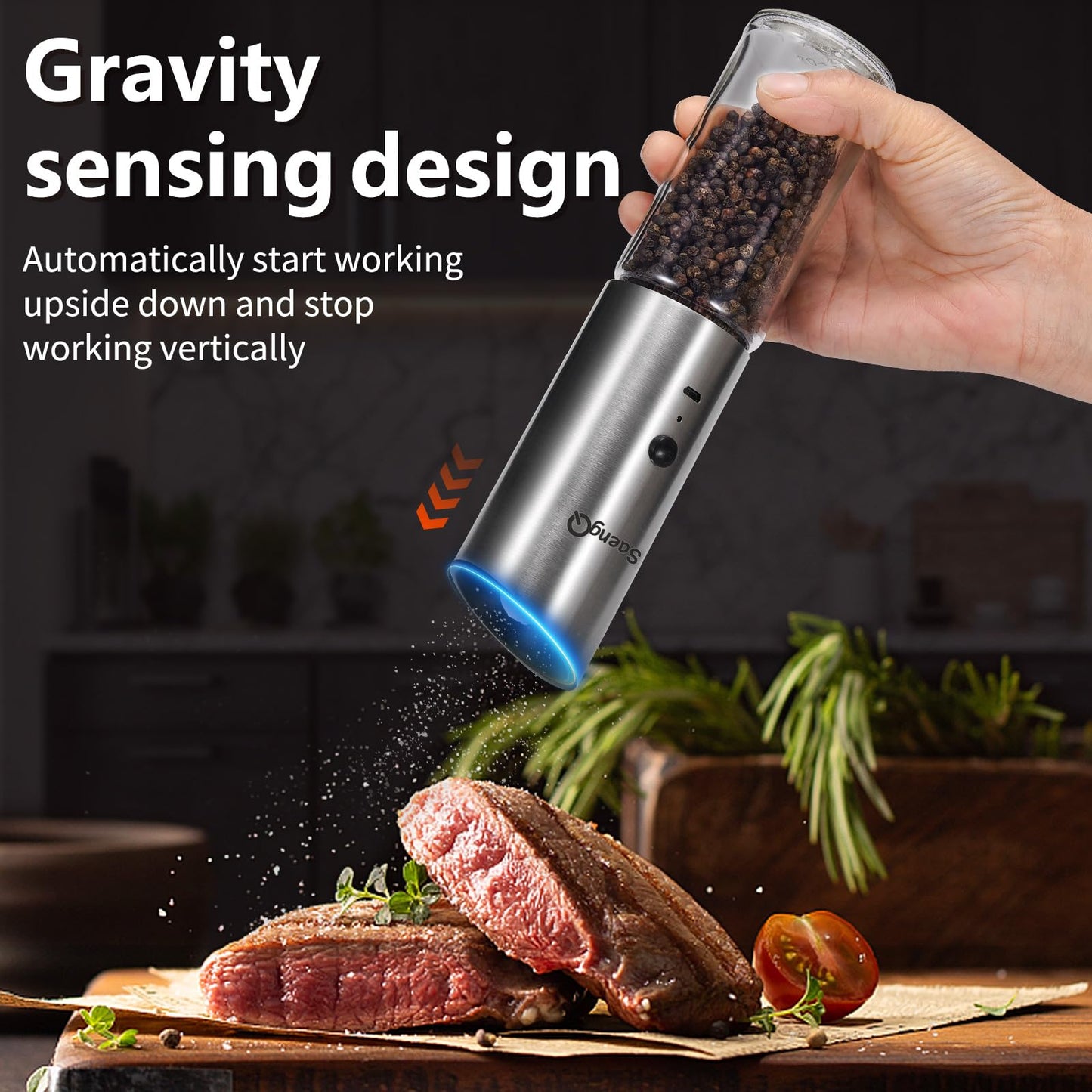 Electric Salt and Pepper Grinder Set - USB Rechargeable Gravity Salt and Pepper Shakers, Automatic Glass Mill with Adjustable Coarseness, LED Light, One-Hand Operation for Kitchen & Dining