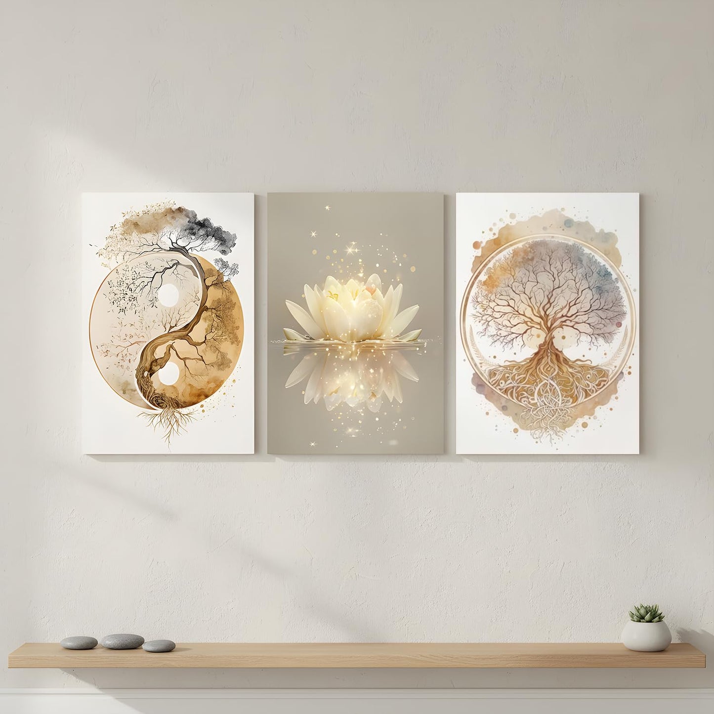 Tree of Life Wall Art Canvas Framed Set of 3 Lotus Zen Wall Decor Painting Poster Abstract YinYang Fall Art Picture Print Artwork for Living Room Yoga Room Bedroom Home Decoration 12x16 inch
