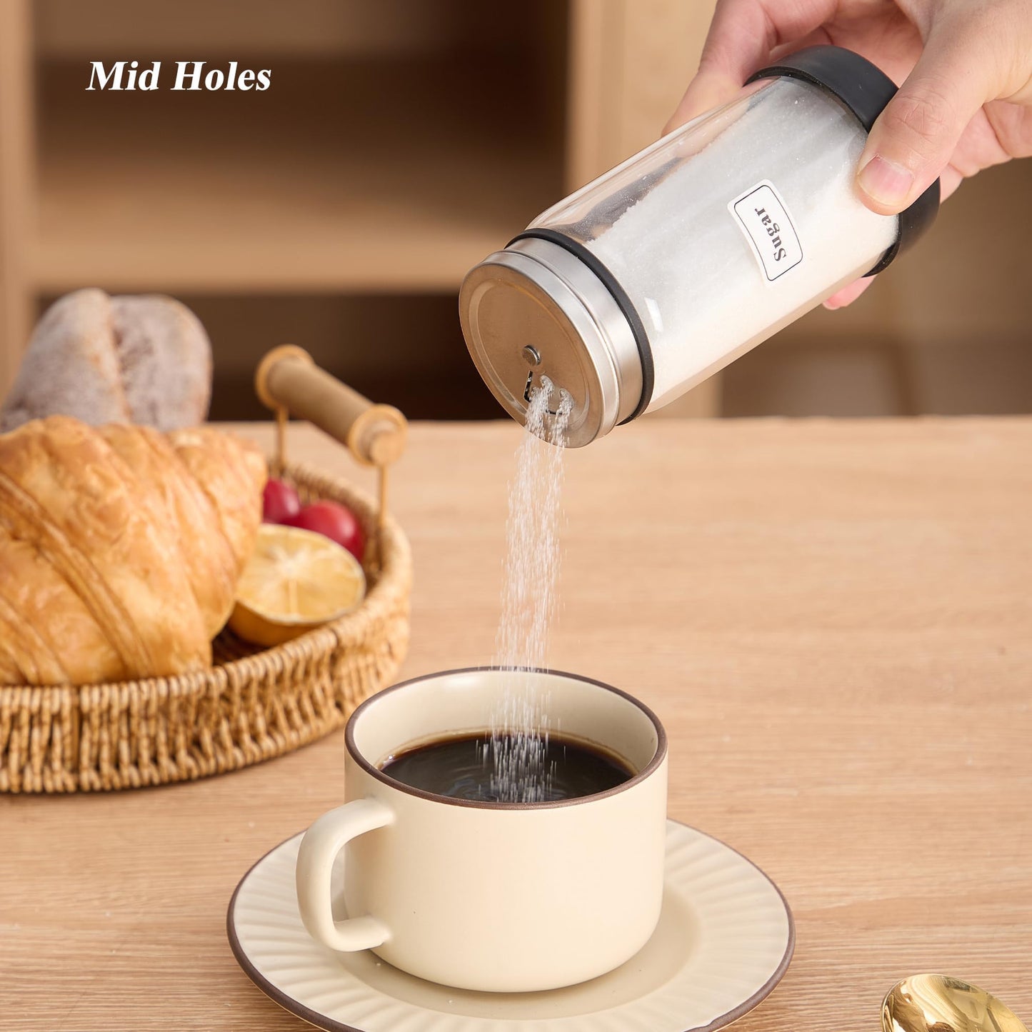 Rekidool 8 oz Glass Sugar Shaker with Stainless Steel Rotating Cover - 3 Adjustable Outlet Holes Holes for Precise Dispensing, Kitchen & Coffee Bar Essential for Coffee, Tea, Baking, 2 Count