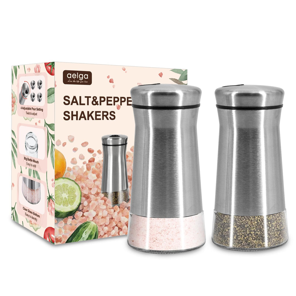 Farmhouse Salt and Pepper Shakers with Adjustable Pour Holes, Refillable Salt Shaker by Aelga, Ideal for Himalayan, Kosher, Black and White Pepper