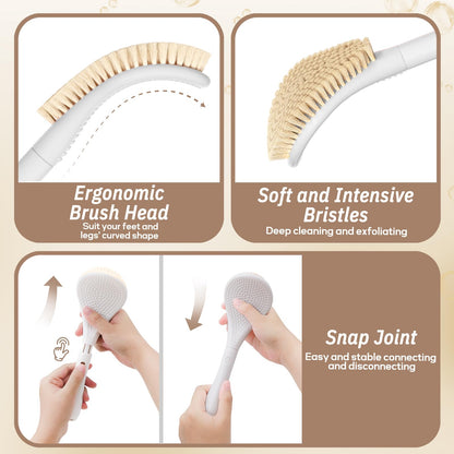 GEENOA New Foot Brush & Foot File Set(2PCS), 3-in-1 Foot Scrubber in Shower, 10.2’’-27.5’’Adjustable Long Handle Foot Scrub Brush and Upgrade Foot File Callus Remover, Gift-Box Packed(White Set)