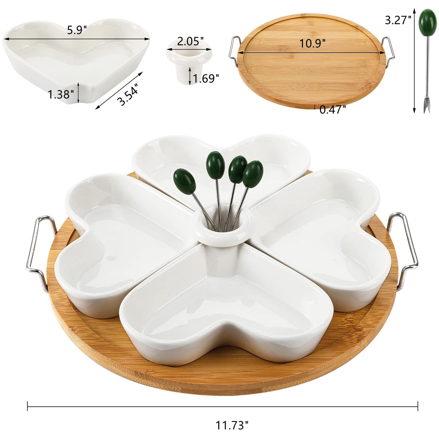 ZEAYEA 11 Inch Appetizer Serving Tray with Holder, Ceramic Divided Serving Platter with Food Picks for Christmas, Relish Tray for Chips and Dip, Veggies, Candy and Snacks, Parties, White