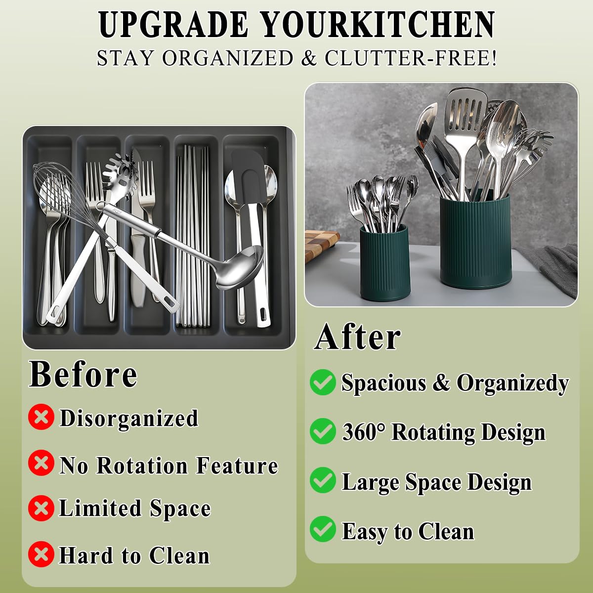 HOMQUEN 360° Rotating Utensil Holder, 6.3''+4.7'' Plastic Kitchen Utensil Holder for Countertop, Large Cooking Utensil Crocks for Kitchen Decor, Utensil Organizer for Spatula, Set of 2 (Green)