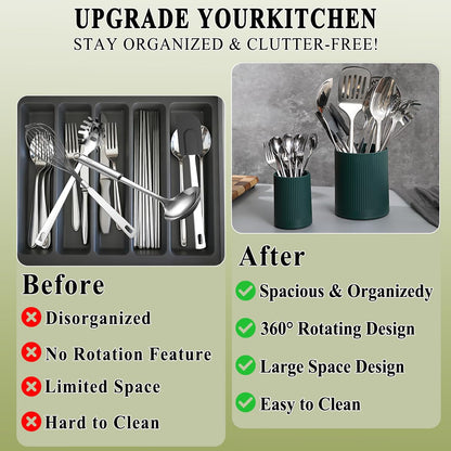 HOMQUEN 360° Rotating Utensil Holder, 6.3''+4.7'' Plastic Kitchen Utensil Holder for Countertop, Large Cooking Utensil Crocks for Kitchen Decor, Utensil Organizer for Spatula, Set of 2 (Green)