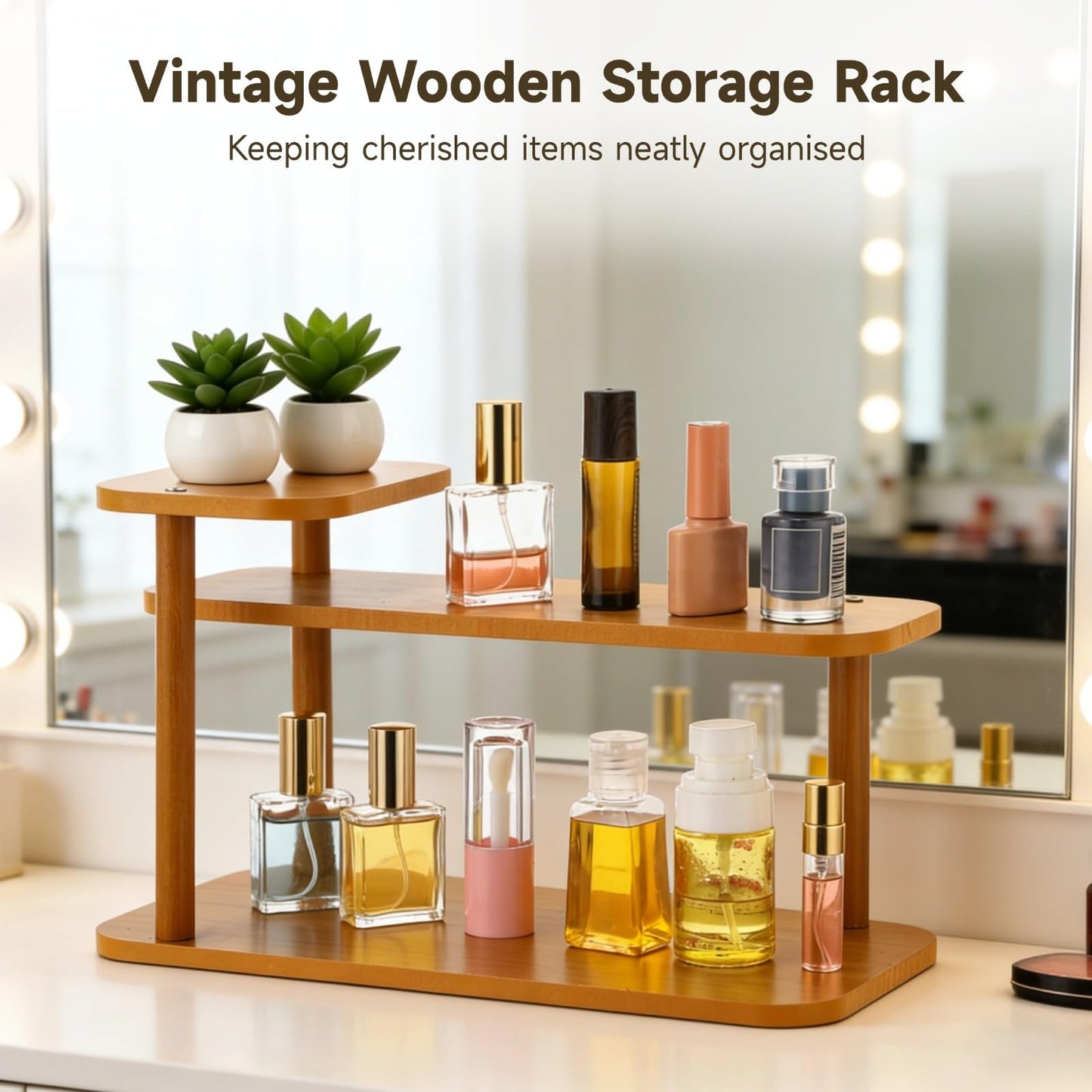 Joyoolife 3-Tier Wooden Makeup Organizer Shelf, Countertop Perfume Rack Organizer with Vertical Open Design, Compact Cosmetic Storage Stand for Bathroom, Bedroom, Vanity, Dressing Table and Kitchen
