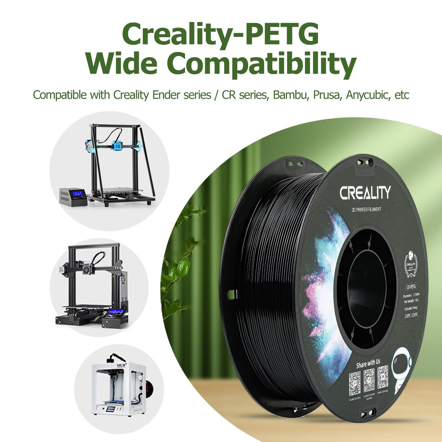 Creality PETG Filament 1.75mm 3D Printer Filament 1KG (2.2lbs), High Precision, Strong Toughness, Odorless, Dimensional Accuracy +/- 0.02 mm, Moistureproof 3D Filament for FDM 3D Printer, Black