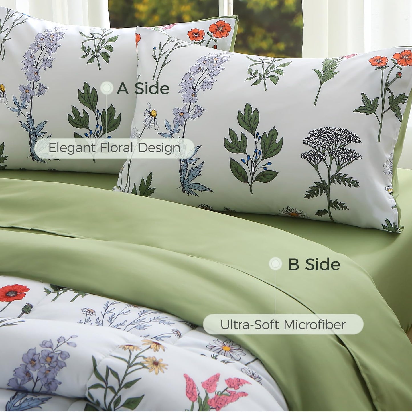 JQinHome Queen Comforter Set - 6 Pieces White Botanical Floral Reversible Green Solid Bedding Set, Bed in a Bag with Microfiber Comforter, Sheets & Cushion Cover, Edredones Queen Set Completo