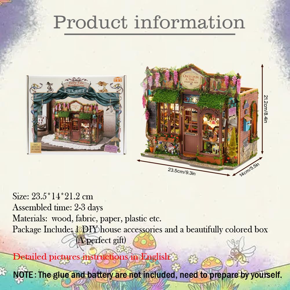 DIY Dollhouse Miniature Kit, Mini Fairy Tale Shop Puzzle Model 1:24 Scale Dolls House Store Furniture Accessories and LED Lights Kid Boy Girl Birthday