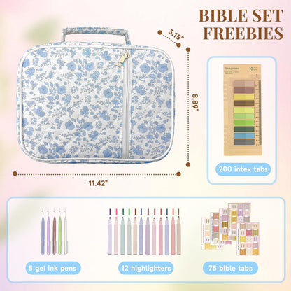 Szcxyy Bible Cover Case for Women,Bible Study Supplies Accessories,Bible Journaling Kit,Blue Flower Carrying Case with Highlighters