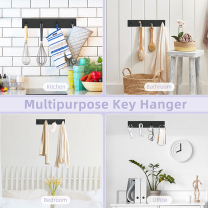 VIS'V Key Holder Wall Mount, Large Metal Self Adhesive Key Hanger with 4 Hooks, No Drilling, Extra Adhesive Strip, Black
