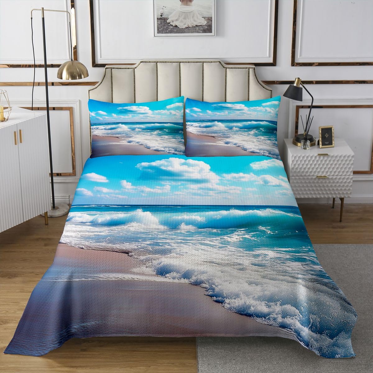 jejeloiu Beach Bedspread Queen Size Ocean Sea Coverlet Set Blue Coastal Summer Quilted Coverlet for All Season with 2 Pillowcases Microfiber Lightweight