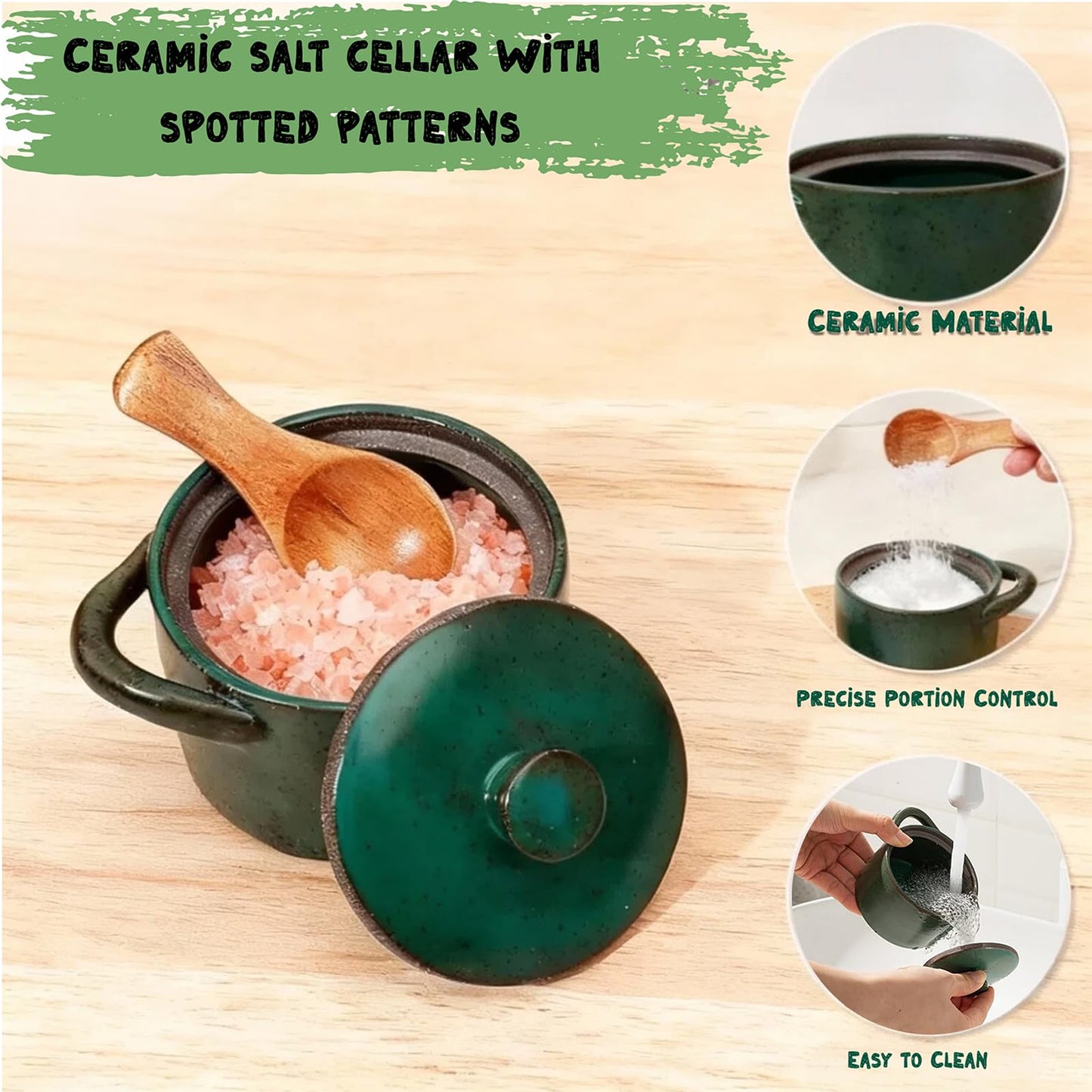 Ntwoiee 8.5 oz Ceramic Salt Cellar with Lid & Wooden Spoon,Countertop Salt Container,Used for kitchen salt, pepper, spices, sugar, candy cans (dark blue)