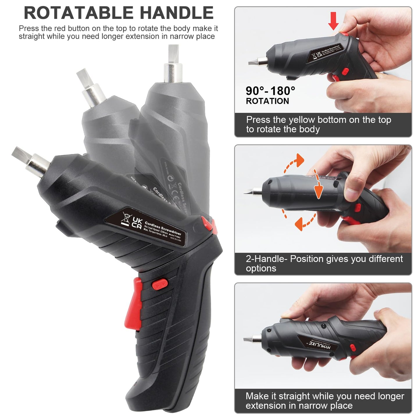 MYMULIKE Electric Drill Screwdriver, 48 in 1 Portable Cordless Screwdriver Set Rotated 90 Degrees Electric Screwdrivers Cordless Handle with Led Worklight and Charger for Home Office DIY Tools