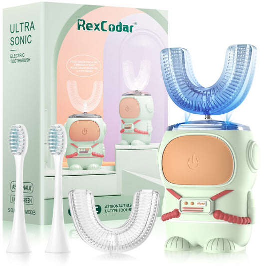 RexCodar Ultrasonic Kid's U-Shaped Electric Toothbrush, IPX7 Waterproof, Five Cleaning Modes, 60S Smart Reminder (Blue Ages 6-12)