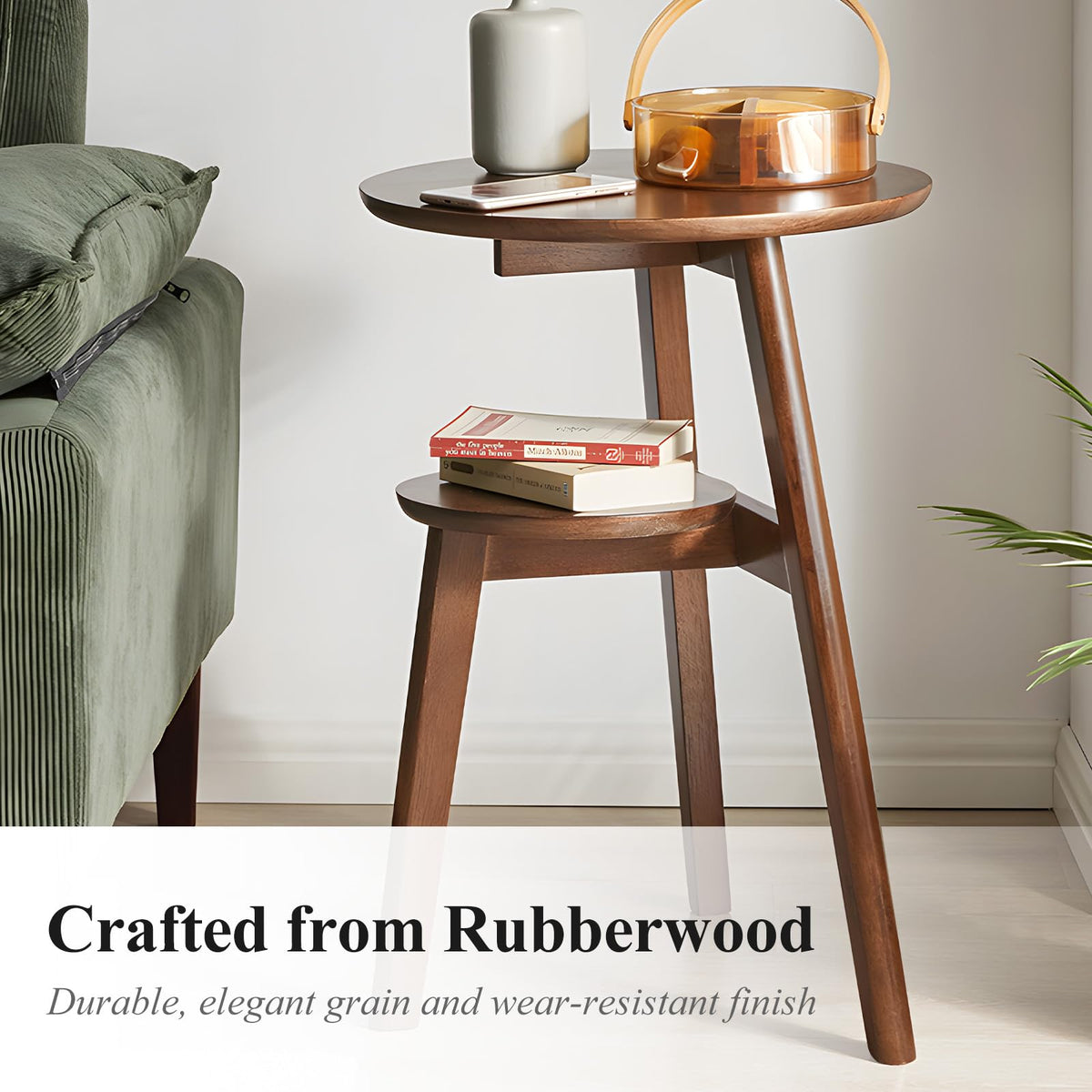 Cttasty Side Table, 2-Tier Round End Tables Living Room, Mid Century Modern Side Table, Round Nightstand, Oak Accent Table, Small Round Coffee Table, 16.54" Dia.x 23.62" H(Walnut)