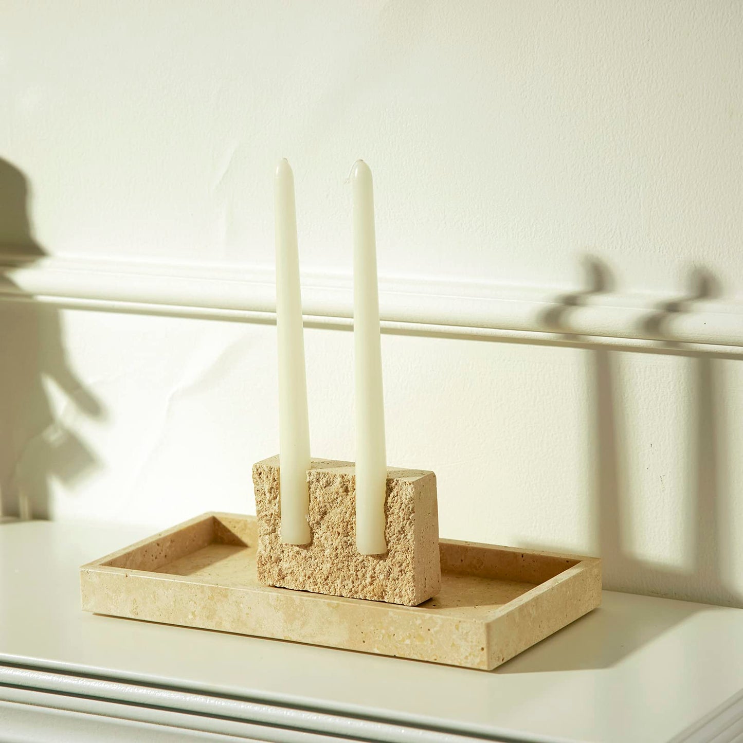 Marble Taper Candle Holder,Travertine Stone Candlestick Holder, Beige
