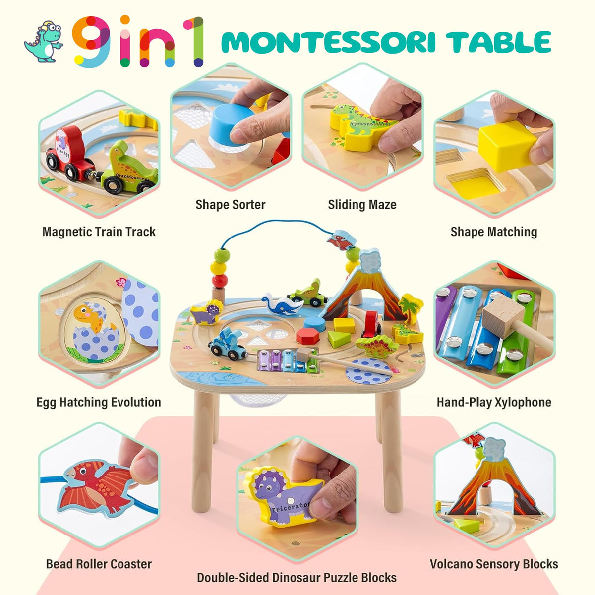 Gewitt Montessori Activity Table for 1 Year Old, 9-in-1 Wooden Activity Table with Adjustable Height, Train, Shape Sorter, Xylophone, Baby Sensory Educational Learning Toys, Birthday Gift (Dinosaur)